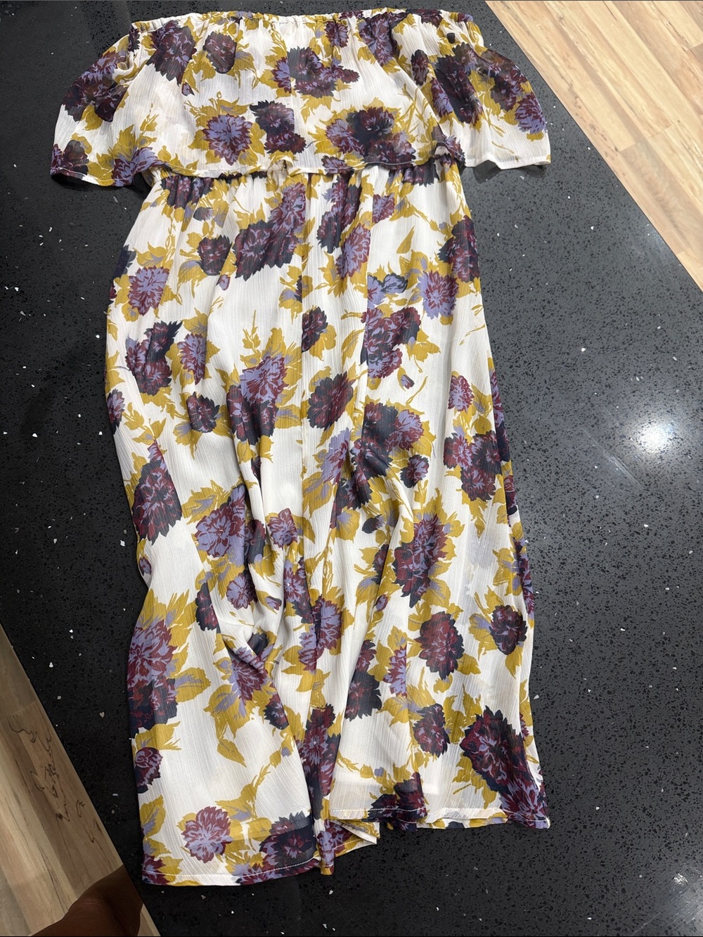 Volcom Strapless Floral Midi Dress in White with Purple & Yellow Print